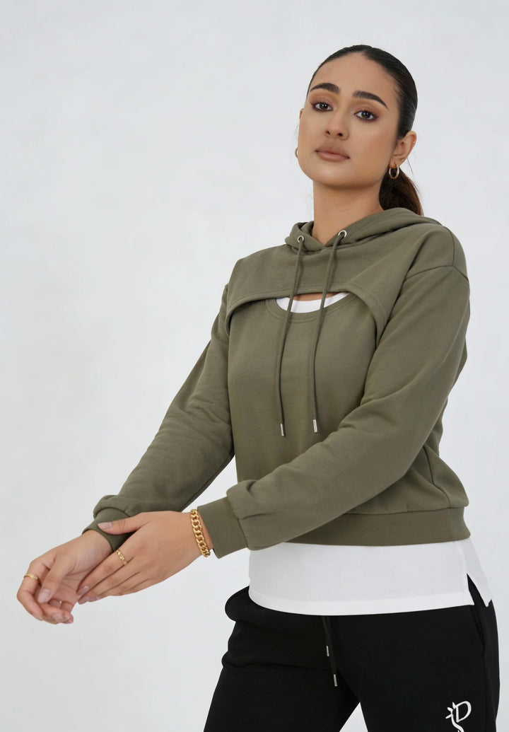 Women’s Olive Cutout Cropped Hoodie
