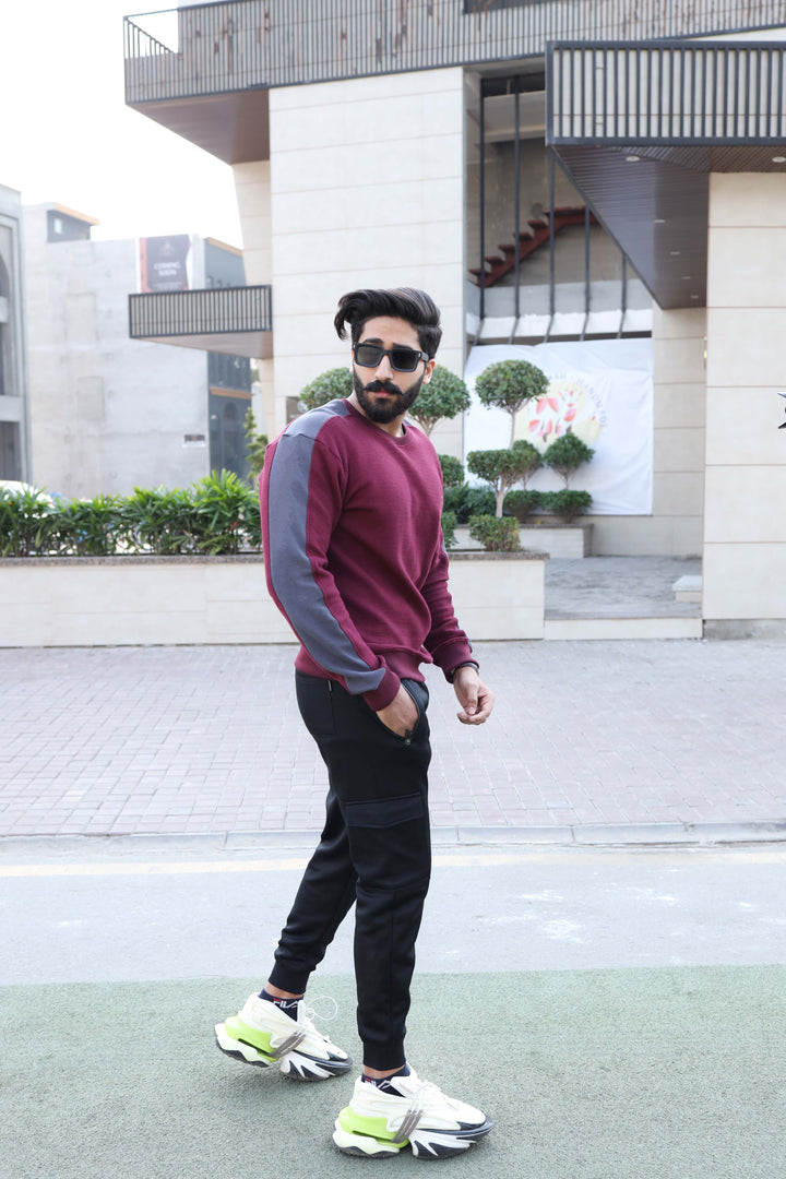 Burgundy Panel Knitted Sweatshirt (Men)