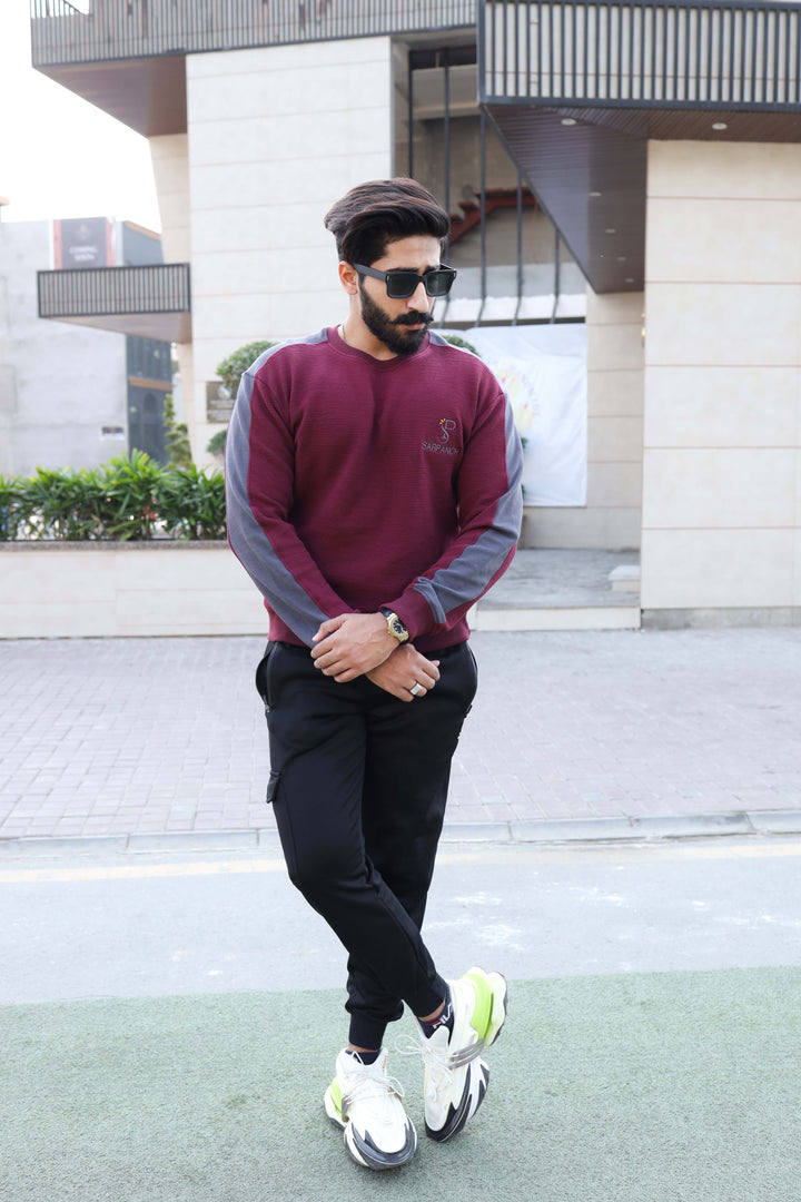 Burgundy Panel Knitted Sweatshirt (Men)