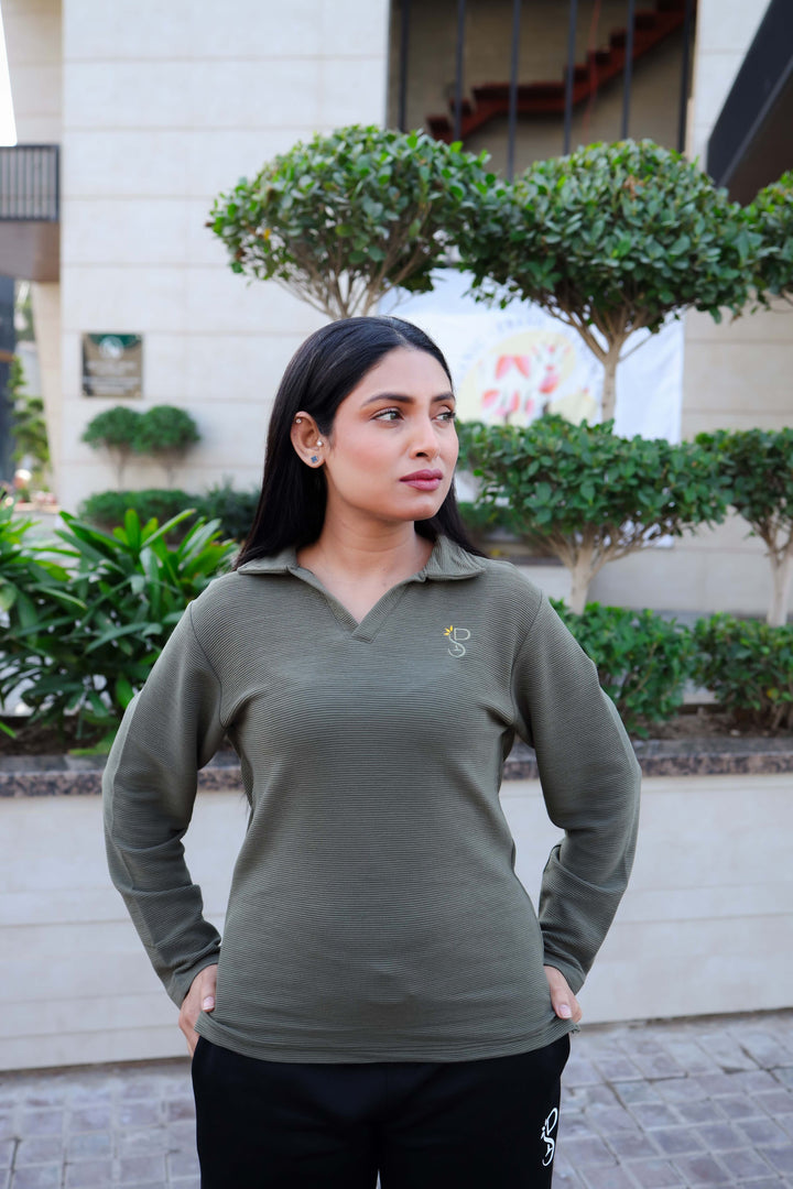 Olive Green Full Sleeve Polo (Women)