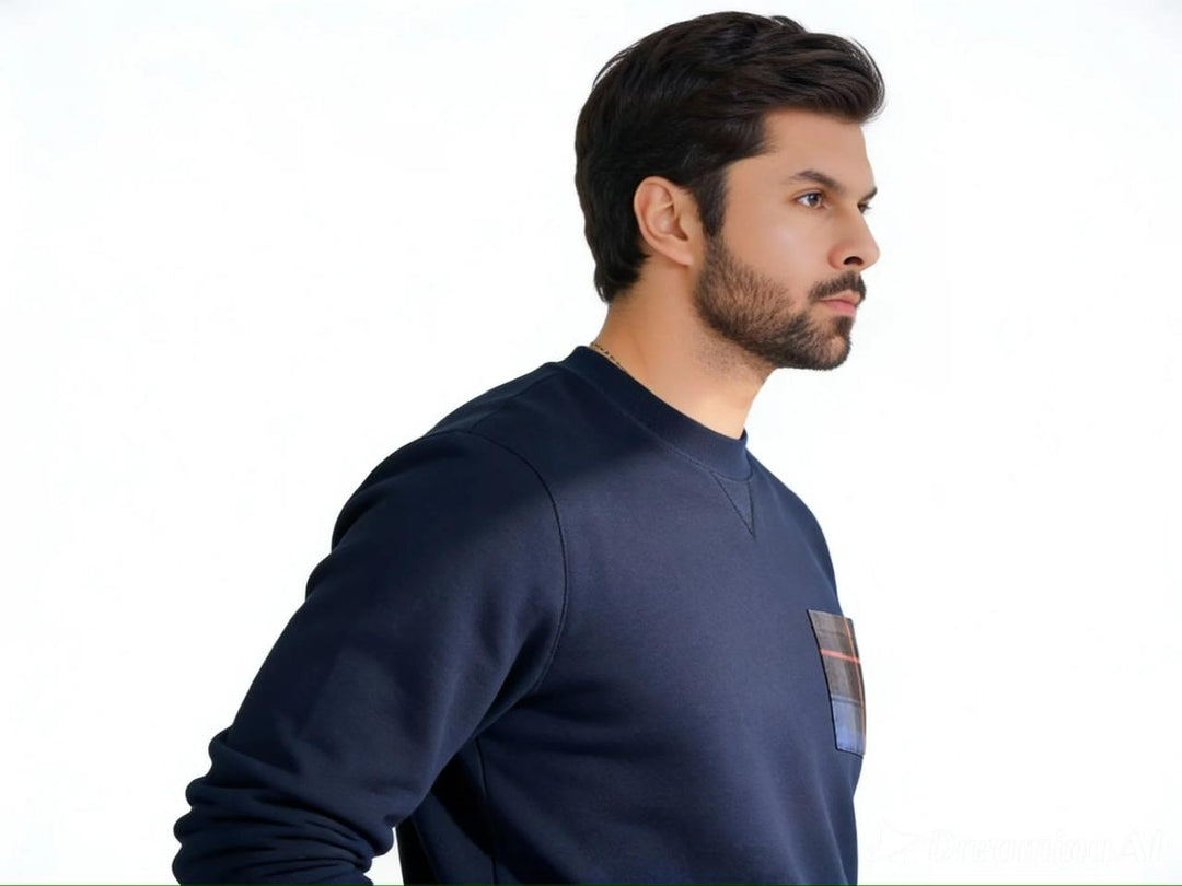 Navy Plaid Pocket Sweatshirt